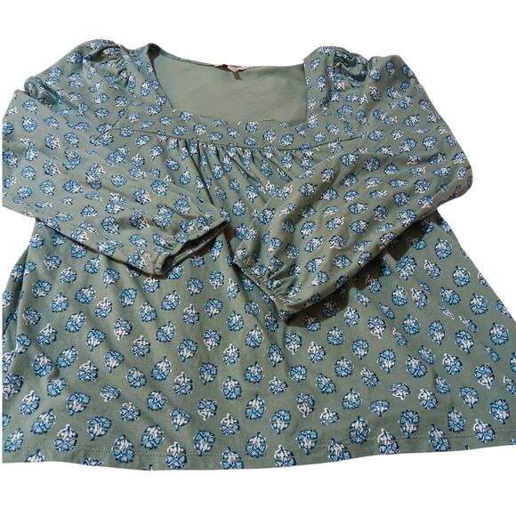 LUCKY BRAND Peasant Blouse Top Square Neck Gathers Flowy Size Large Floral Green - Picture 4 of 9